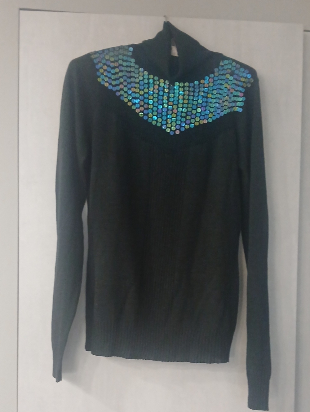 BCBGirls Black Turtleneck Sweater with Iridescent Sequin Yoke